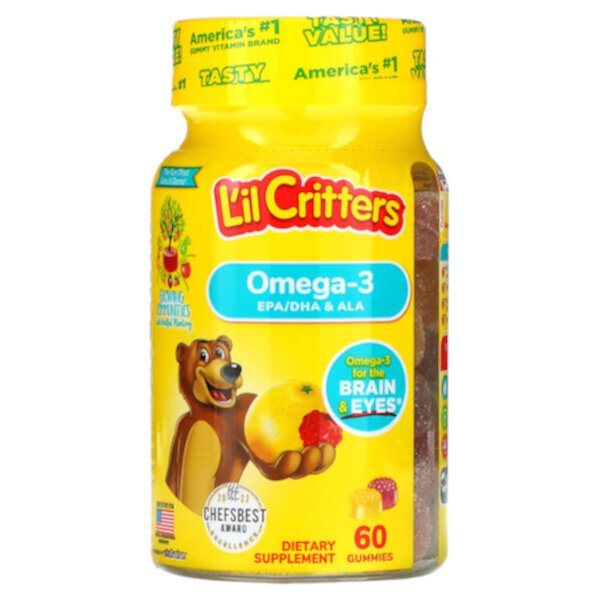 Омега-3, со вкусом малины и лимонада, 60 жевательных конфет L'il Critters