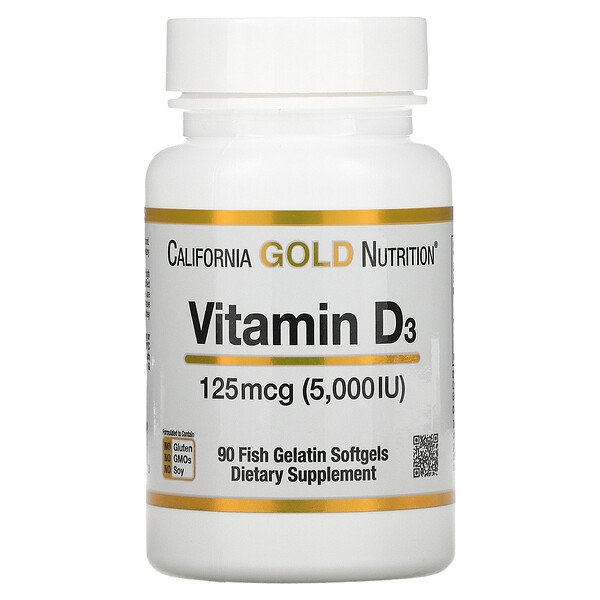 Витамин D3, 125 мкг (5000 МЕ), 90 мягких желатиновых капсул из рыбьего желатина California Gold Nutrition