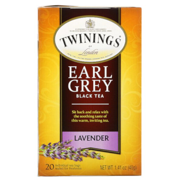 Черный чай, Эрл Грей, лаванда, 20 чайных пакетиков, 1,41 унции (40 г) Twinings