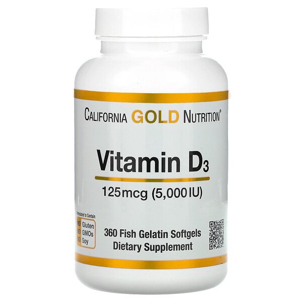 Витамин D3, 125 мкг (5000 МЕ), 360 мягких желатиновых капсул из рыбьего желатина California Gold Nutrition