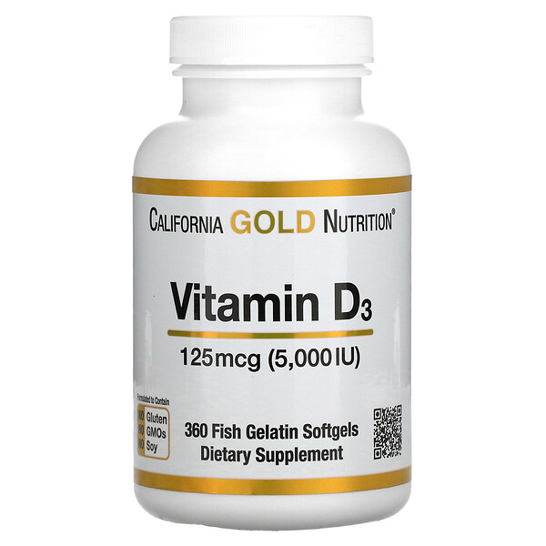 Витамин D3, 125 мкг (5000 МЕ), 360 мягких желатиновых капсул из рыбьего желатина California Gold Nutrition