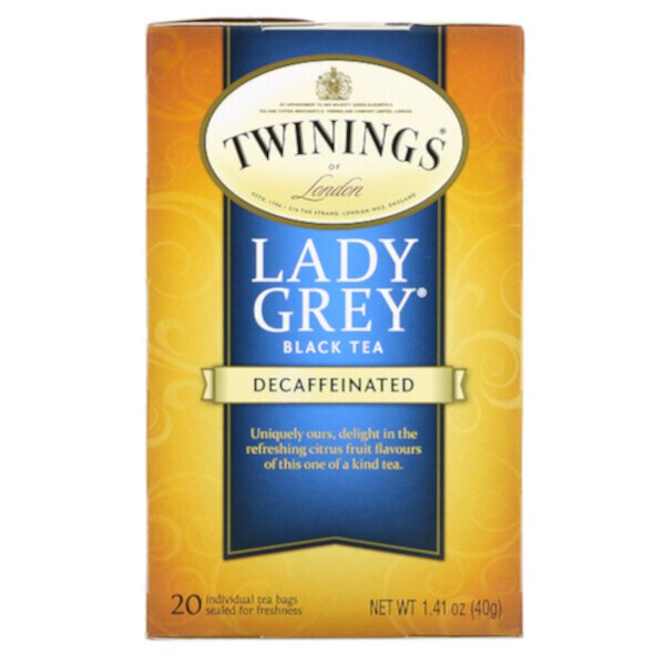 Черный чай Lady Grey, без кофеина, 20 чайных пакетиков, 1,41 унции (40 г) Twinings