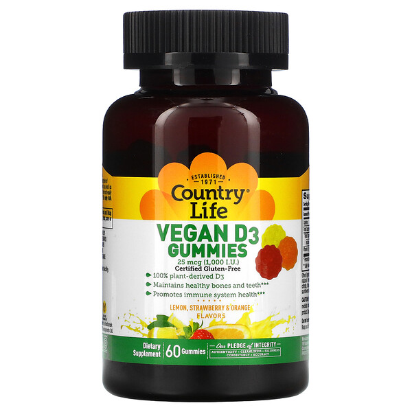 Vegan D3 Gummies (Жевательные конфеты), Lemon, Strawberry & Orange Flavors, 25 mcg (1,000 IU), 60 Gummies Country Life