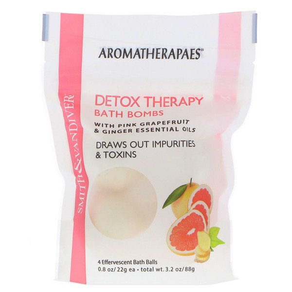 Бомбочки для ванны Detox Therapy с эфирными маслами розового грейпфрута и имбиря, 4 шипучих шарика для ванны, 0,8 унции (22 г) каждый Smith & Vandiver