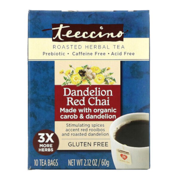 Жареный травяной чай, красный чай из одуванчика, без кофеина, 10 чайных пакетиков, 2,12 унции (60 г) Teeccino