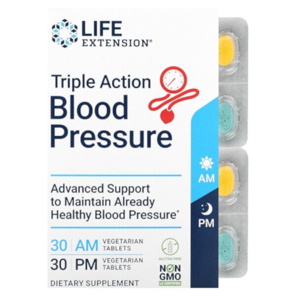 Артериальное давление тройного действия, AM/PM, 2 упаковки, по 30 вегетарианских таблеток в каждой Life Extension