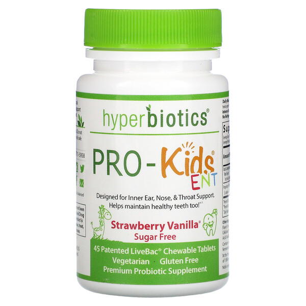 PRO-Kids ENT, Без сахара, клубнично-ванильный, 45 запатентованных жевательных таблеток LiveBac Hyperbiotics