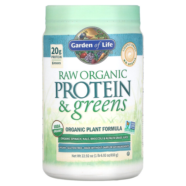 RAW Protein & Greens, Органическая растительная формула, слегка сладкий, 22,92 унции (650 г) Garden of Life