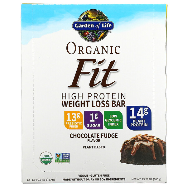 Organic Fit, Батончик для похудения с высоким содержанием белка, шоколадная помадка, 12 батончиков, 1,94 унции (55 г) каждый Garden of Life