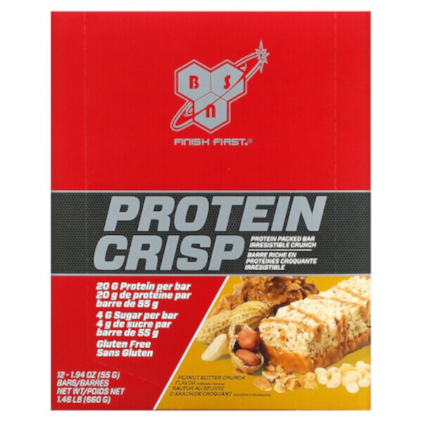 Protein Crisp, хрустящая арахисовая паста, 12 батончиков по 1,94 унции (55 г) каждый BSN