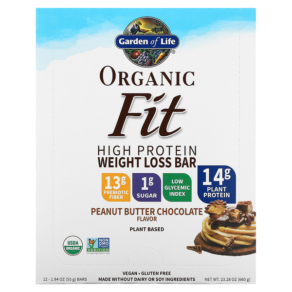Organic Fit, Батончик для похудения с высоким содержанием белка, шоколад с арахисовым маслом, 12 батончиков, 1,94 унции (55 г) каждый Garden of Life