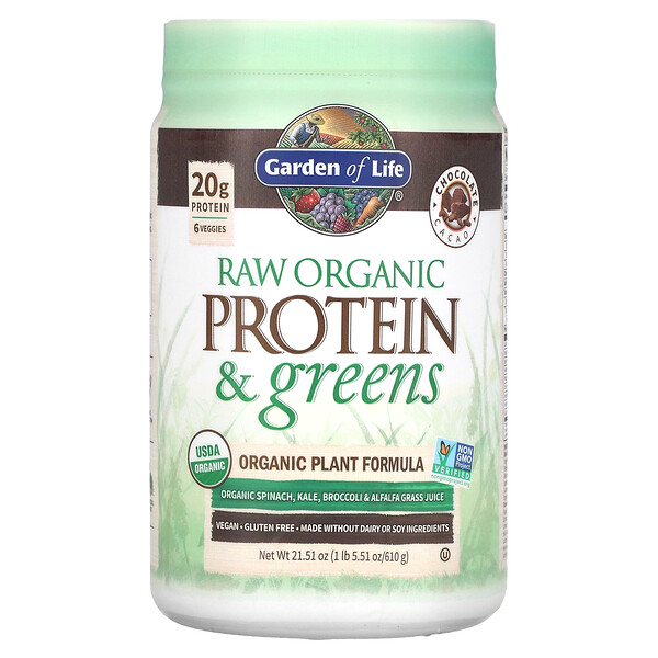 RAW Organic Protein & Greens, Шоколад Какао - 610 г - Garden of Life Garden of Life