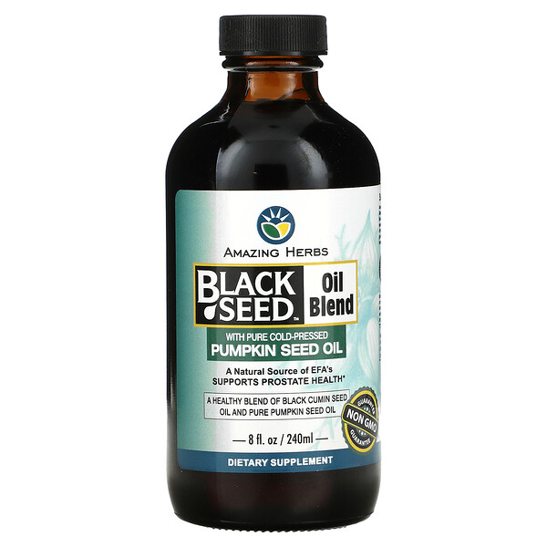 Смесь масел черного тмина с чистым тыквенным маслом холодного отжима, 8 жидких унций (240 мл) Amazing Herbs
