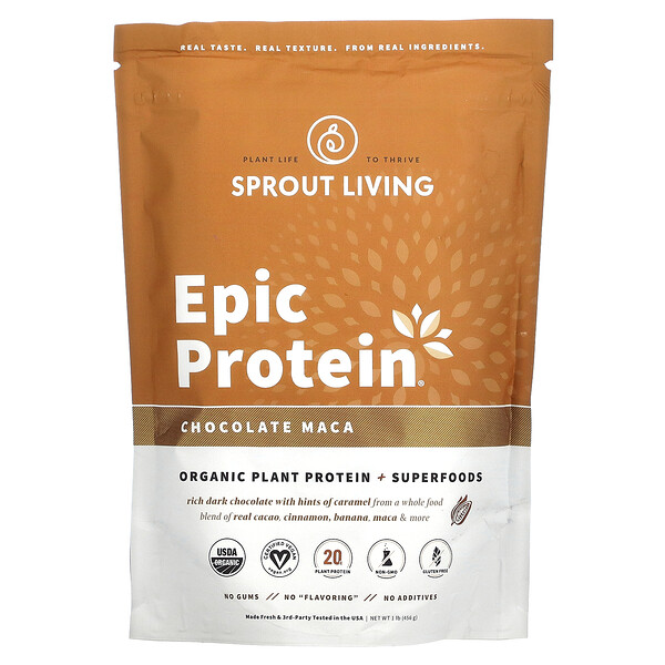 Epic Protein, Органический растительный белок + суперпродукты, шоколадная мака, 1 фунт (456 г) Sprout Living
