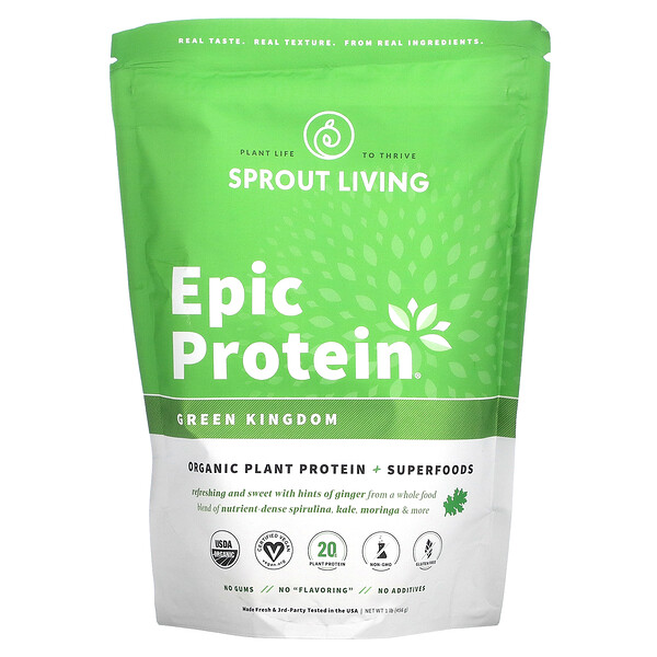 Epic Protein, Органический растительный белок + суперпродукты, Green Kingdom, 1 фунт (455 г) Sprout Living