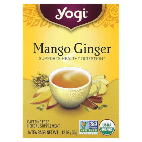 Mango Ginger, Без кофеина, 16 чайных пакетиков, 1,12 унции (32 г) Yogi