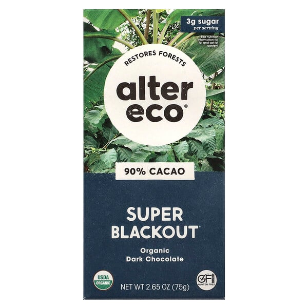 Органический темный шоколадный батончик, Super Blackout, 90% какао, 2,65 унции (75 г) Alter Eco