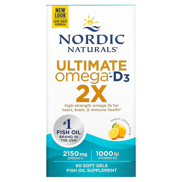 Ultimate Omega 2X с Витамином D3, Лимон, 60 желатиновых капсул - Nordic Naturals Nordic Naturals