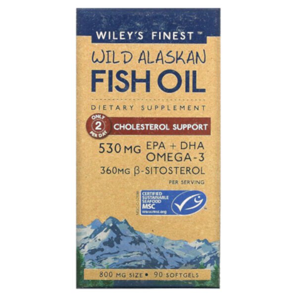 Жир дикой рыбы Аляски, поддержка холестерина, 800 мг, 90 мягких таблеток Wiley's Finest