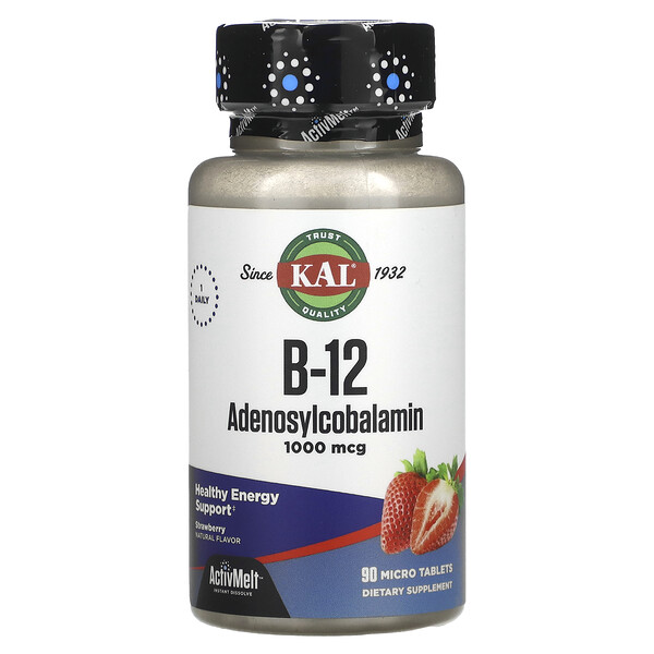 B-12 Аденозилкобаламин, Клубника - 1000 мкг - 90 микротаблеток - KAL KAL