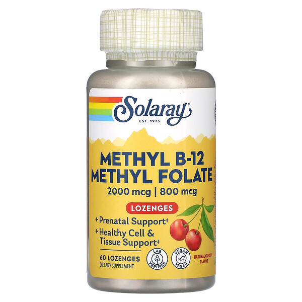Methyl B-12 Methyl Folate, Натуральный вишневый вкус, 60 пастилок Solaray