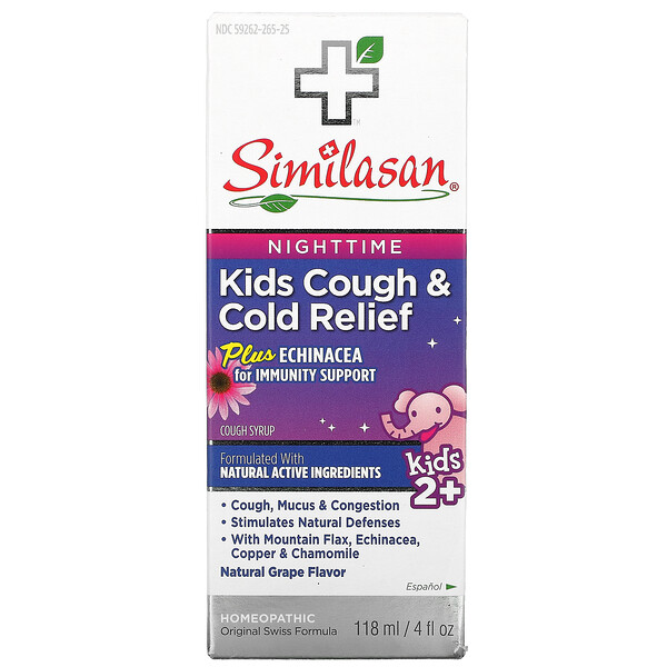 Kids Cough & Cold Relief, Nighttime, для детей от 2 лет, натуральный виноград, 4 жидких унции (118 мл) Similasan