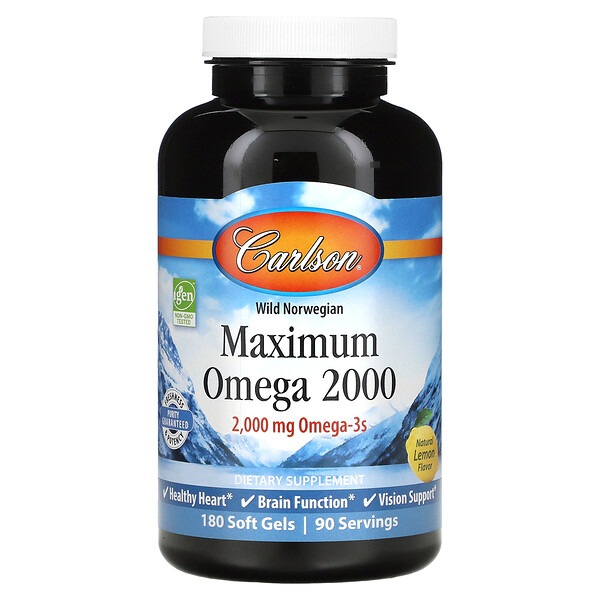 Wild Norwegian, Maximum Omega 2000, Natural Lemon, 2,000 mg, 180 Soft Gels (Мягкие капсулы) (1,000 mg per Soft Gel (Гель)) Carlson