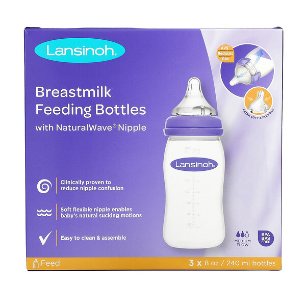 Бутылочки для кормления грудным молоком с соской NaturalWave, средний поток, 3 бутылочки по 8 унций (240 мл) каждая Lansinoh