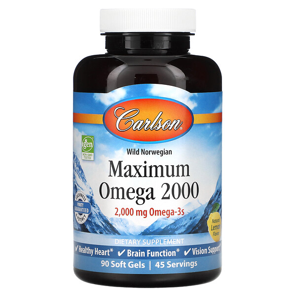 Максимальный Омега-3 2000, Натуральный лимон - 2000 мг - 90 мягких капсул - Carlson Carlson