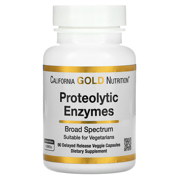 Proteolytic Enzymes, Широкий спектр действия, 90 растительных капсул с отсроченным высвобождением California Gold Nutrition