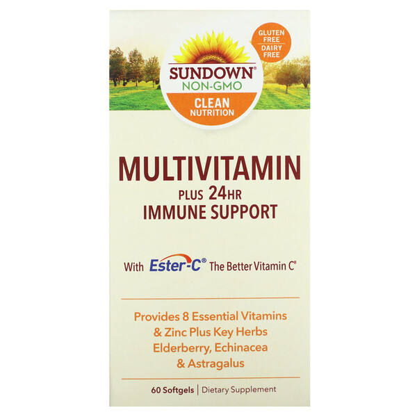 Мультивитамины, плюс поддержка иммунитета в течение 24 часов, 60 мягких желатиновых капсул Sundown Naturals