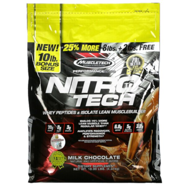 Nitro Tech, Сывороточные пептиды и изолят для наращивания мышечной массы, молочный шоколад, 10 фунтов (4,54 кг) Muscletech