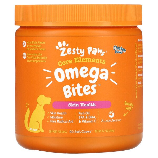 Omega Bites for Dogs, Skin & Coat, для всех возрастов, со вкусом курицы, 90 мягких жевательных таблеток Zesty Paws