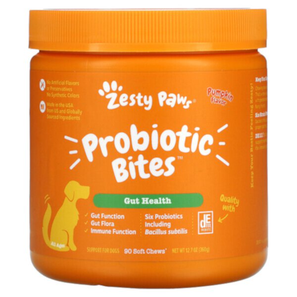 Probiotic Bites for Dogs, Здоровье кишечника, для всех возрастов, тыква, 90 мягких жевательных таблеток, 12,7 унций (360 г) Zesty Paws