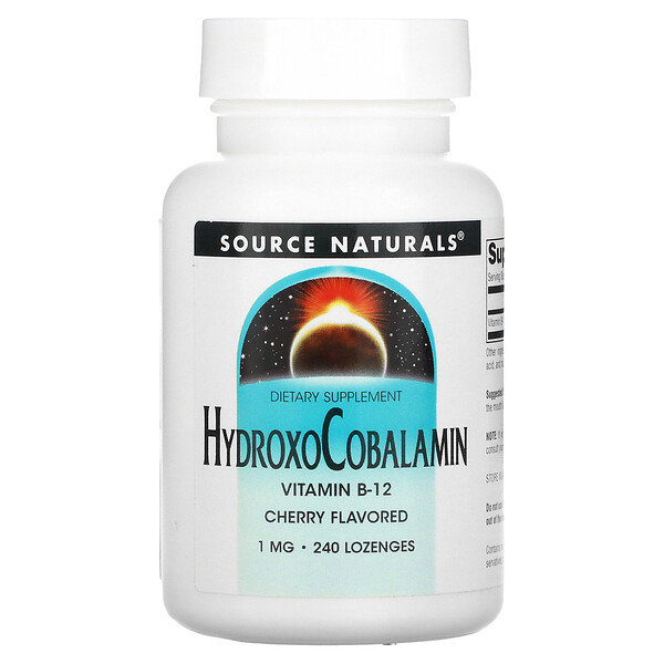 Гидроксокобаламин, Витамин В-12, Вишня, 1 мг, 240 таблеток - Source Naturals Source Naturals