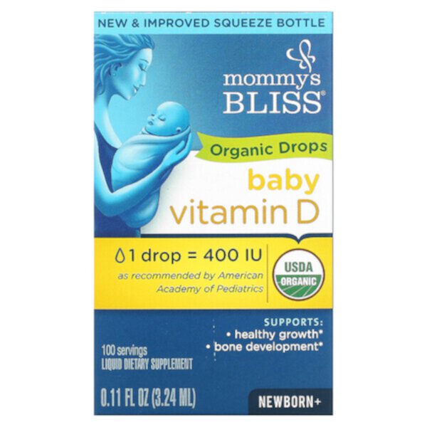 Витамин D, органические капли для новорожденных +, 0,11 ж. унц. (3,24 мл) Mommy's Bliss