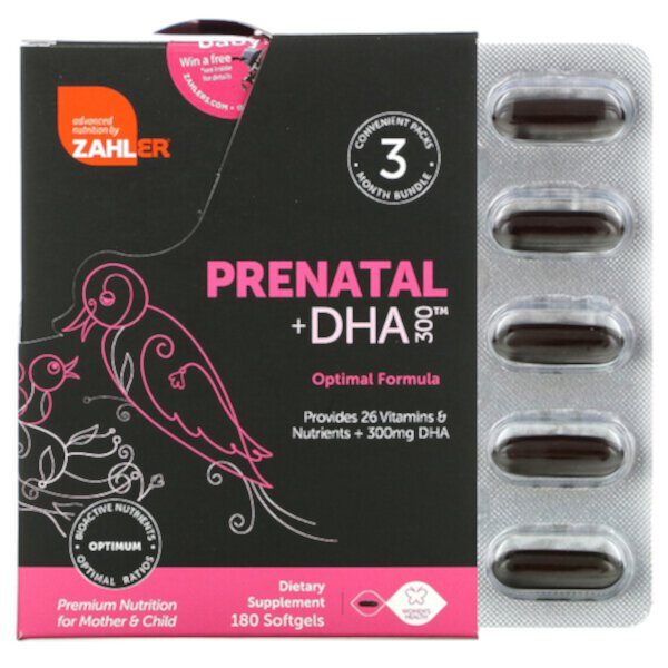 Prenatal + DHA 300 Optimal Formula, 180 мягких желатиновых капсул Zahler