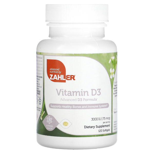 Витамин D3, Продвинутая Формула D3 - 75 мкг (3000 МЕ) - 120 мягких капсул - Zahler Zahler