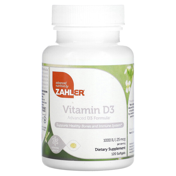 Витамин D3, усовершенствованная формула D3, 25 мкг (1000 МЕ), 120 мягких таблеток Zahler