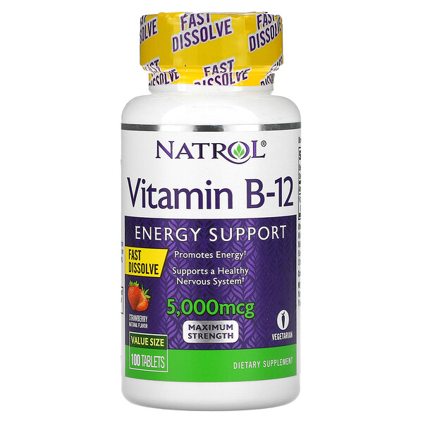 Витамин B-12, Быстрорастворимый, Максимальная сила, Клубника, 5000 мкг, 100 таблеток - Natrol Natrol