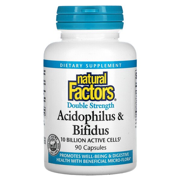 Acidophilus & Bifidus, Двойная сила, 10 миллиардов активных клеток, 90 капсул Natural Factors