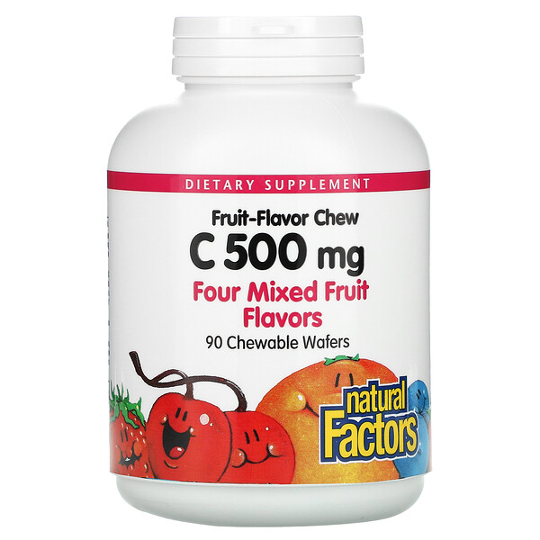 Fruit-Flavor Chew Vitamin C, четыре смешанных фруктовых вкуса, 500 мг, 90 жевательных вафель Natural Factors