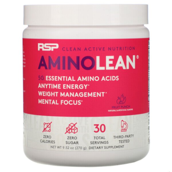 AminoLean, Незаменимые аминокислоты + энергия в любое время, фруктовый пунш, 9,52 унции (270 г) RSP Nutrition