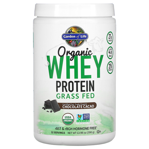 Organic Whey Protein Grass Fed, Шоколадный какао, 13,96 унций (396 г) Garden of Life