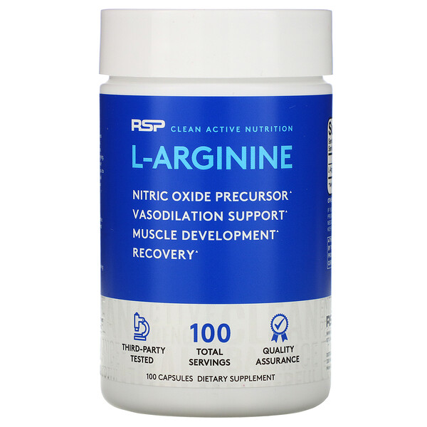 L-аргинин, оксид азота + расширение сосудов, 100 капсул RSP Nutrition