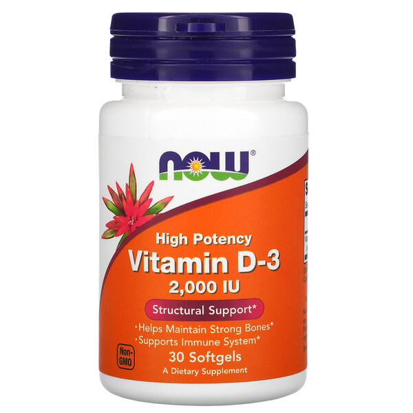 Витамин D-3, 50 мкг (2000 МЕ), 30 мягких таблеток NOW Foods