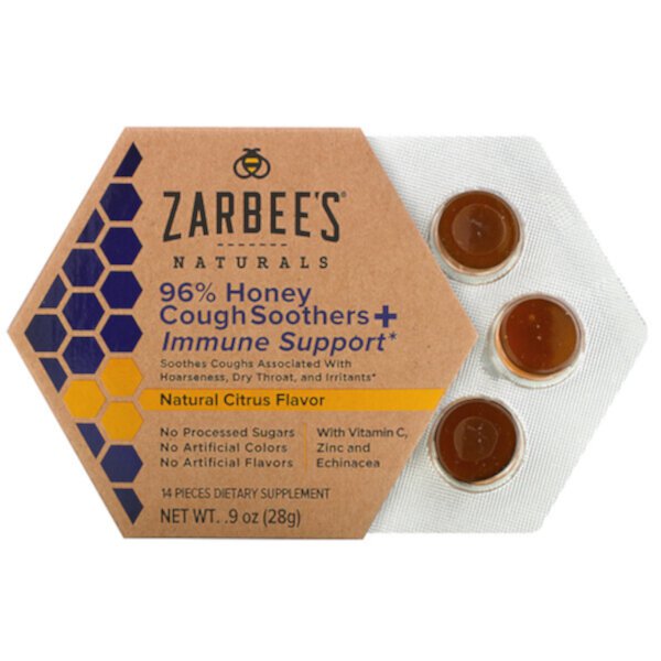 96% медовые успокаивающие средства от кашля + поддержка иммунитета, натуральный цитрусовый вкус, 14 штук Zarbee's