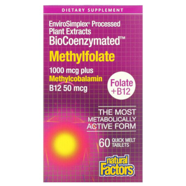 BioCoenzymated, Метилфолат, 1000 мкг, 60 таблеток Quick Melt Natural Factors