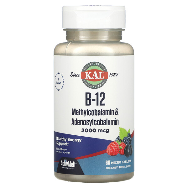 B-12 Метилкобаламин и Аденозилкобаламин, смешанные ягоды, 2000 мкг, 60 микротаблеток - KAL KAL