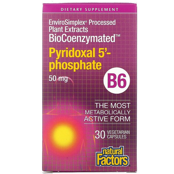 BioCoenzymated, B6, пиридоксаль-5'-фосфат, 50 мг, 30 вегетарианских капсул Natural Factors